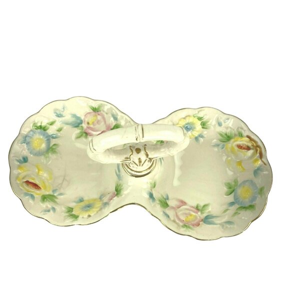 Vintage Double Trinket Tray  Olive Bowl Handle Porcelain Hand Painted Japan u - Picture 8 of 9